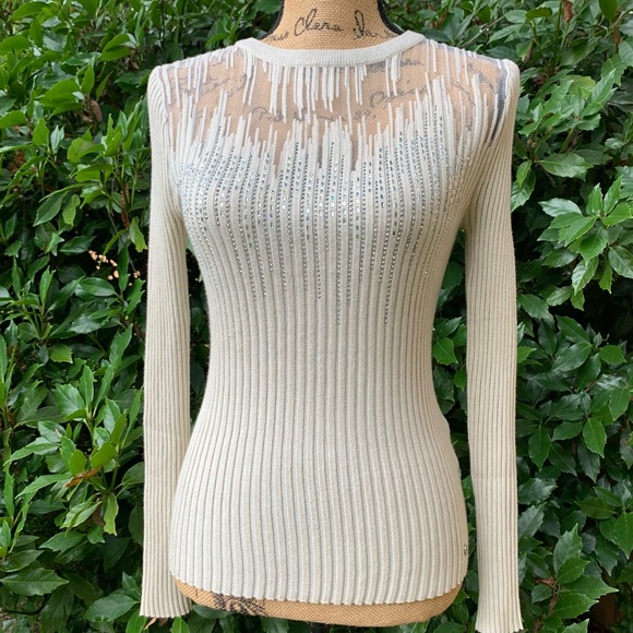 GUESS ladies tan rhinestone rayon blend long sleeve sweater and size large VVGUC - Picture 4 of 12